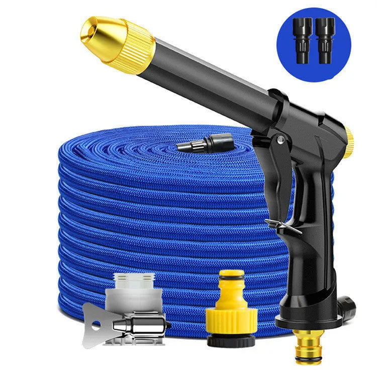 All-metal telescopic garden hose extended to full length with spray gun showing four pattern options