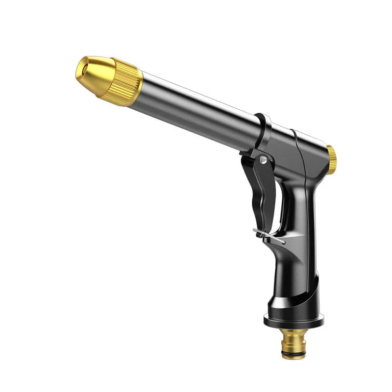 All-metal telescopic garden hose extended to full length with spray gun showing four pattern options