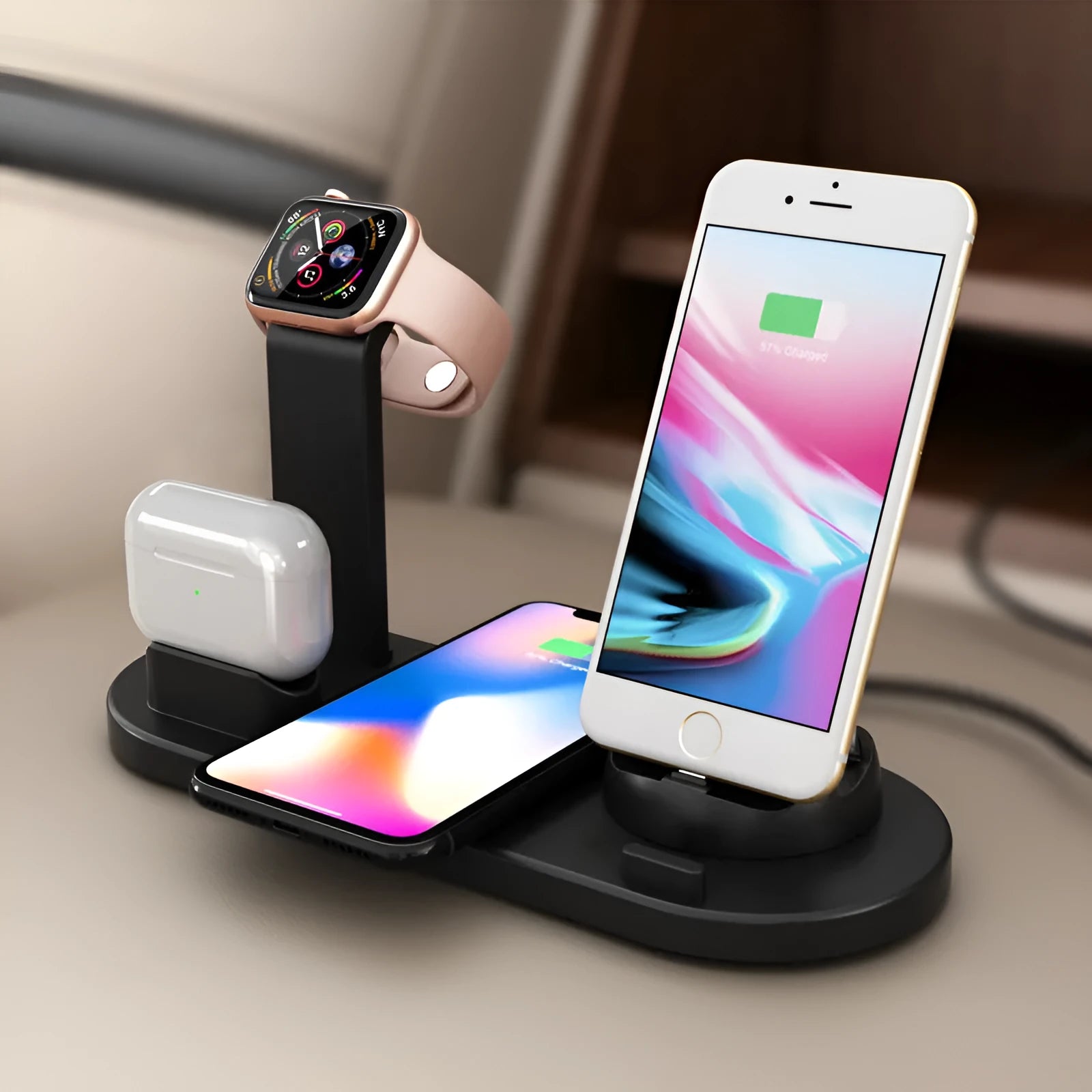 Three-in-one wireless charging stand for Apple Watch, AirPods and iPhone devices