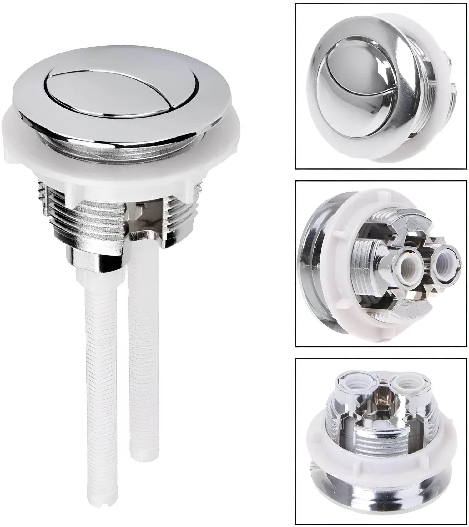 A round, white 38mm ABS plastic double flush button for a toilet tank.