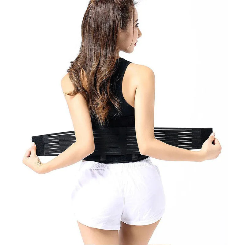 Black self-heating magnetic waist support belt for lumbar muscle strain on a white background.