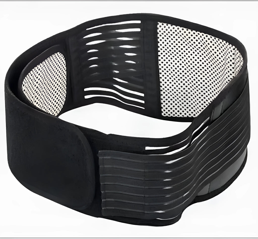 Black self-heating magnetic waist support belt for lumbar muscle strain on a white background.