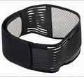 Black self-heating magnetic waist support belt for lumbar muscle strain on a white background.