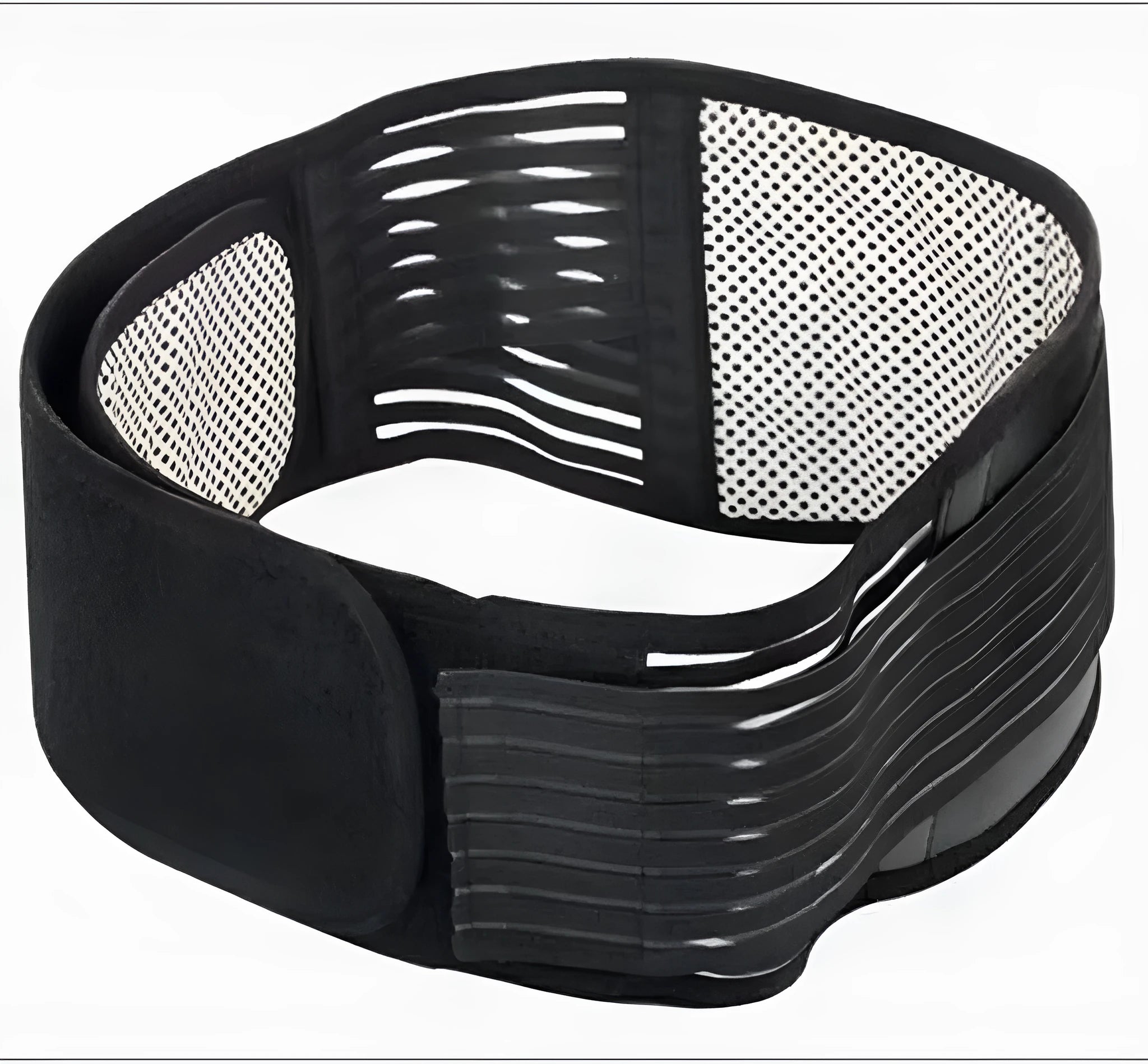 Black self-heating magnetic waist support belt for lumbar muscle strain on a white background.