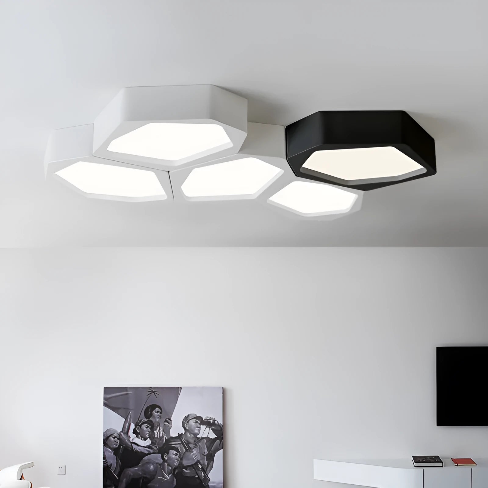 Geometric iron LED ceiling light with remote control for living room or bedroom