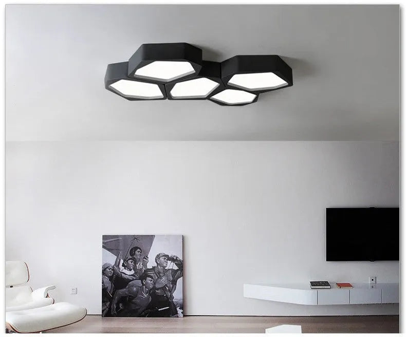 Geometric iron LED ceiling light with remote control for living room or bedroom