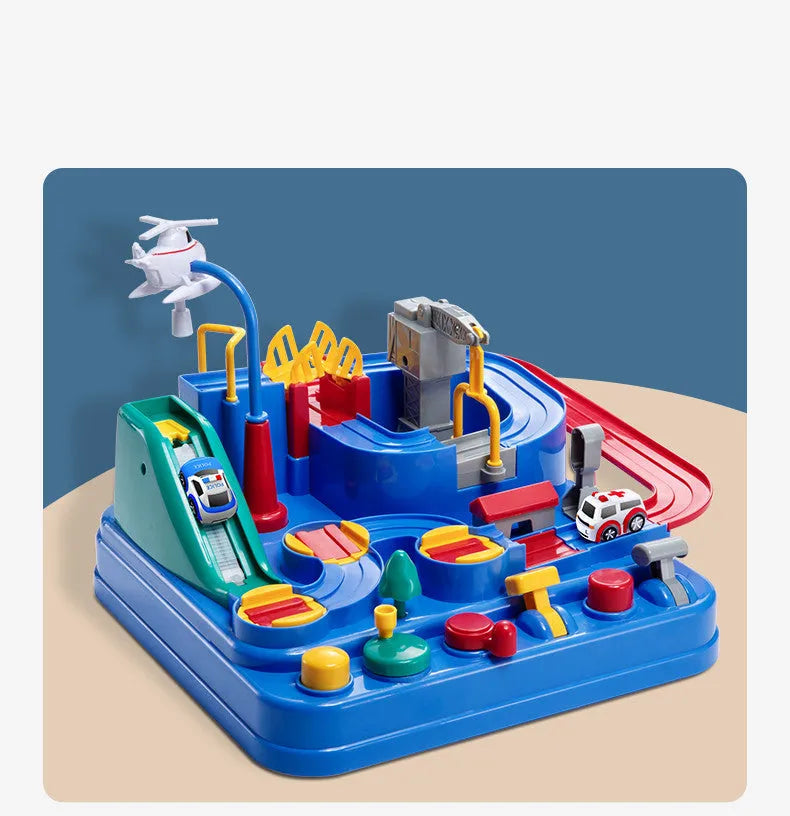 Children's car parking lot toy with crane, conveyor belt, and multiple vehicles including police car and ambulance