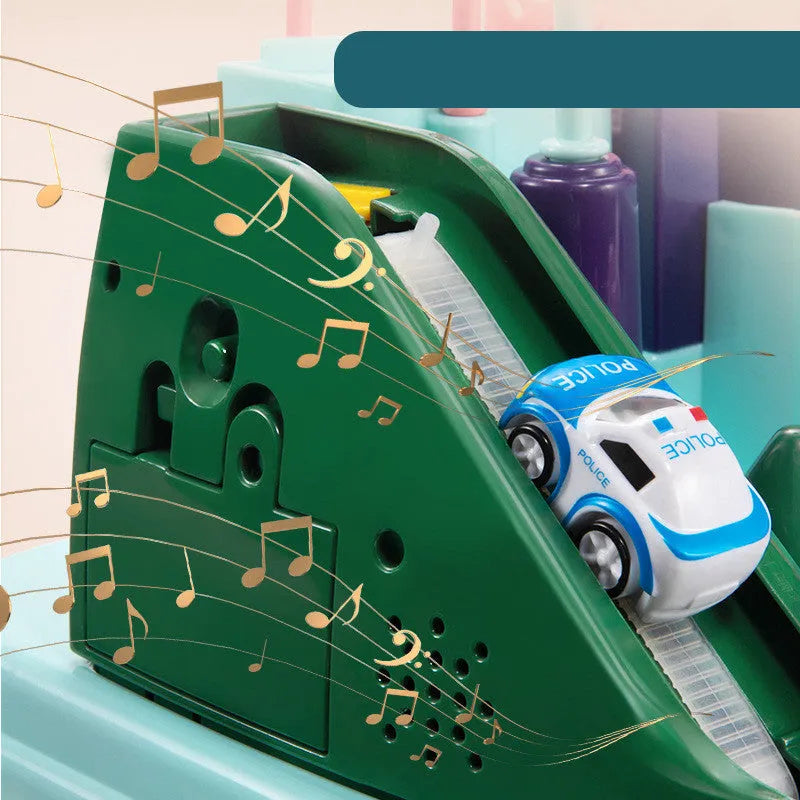 Children's car parking lot toy with crane, conveyor belt, and multiple vehicles including police car and ambulance