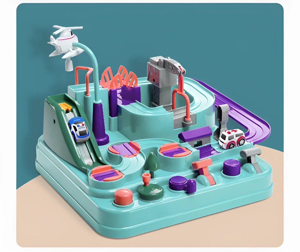 Children's car parking lot toy with crane, conveyor belt, and multiple vehicles including police car and ambulance