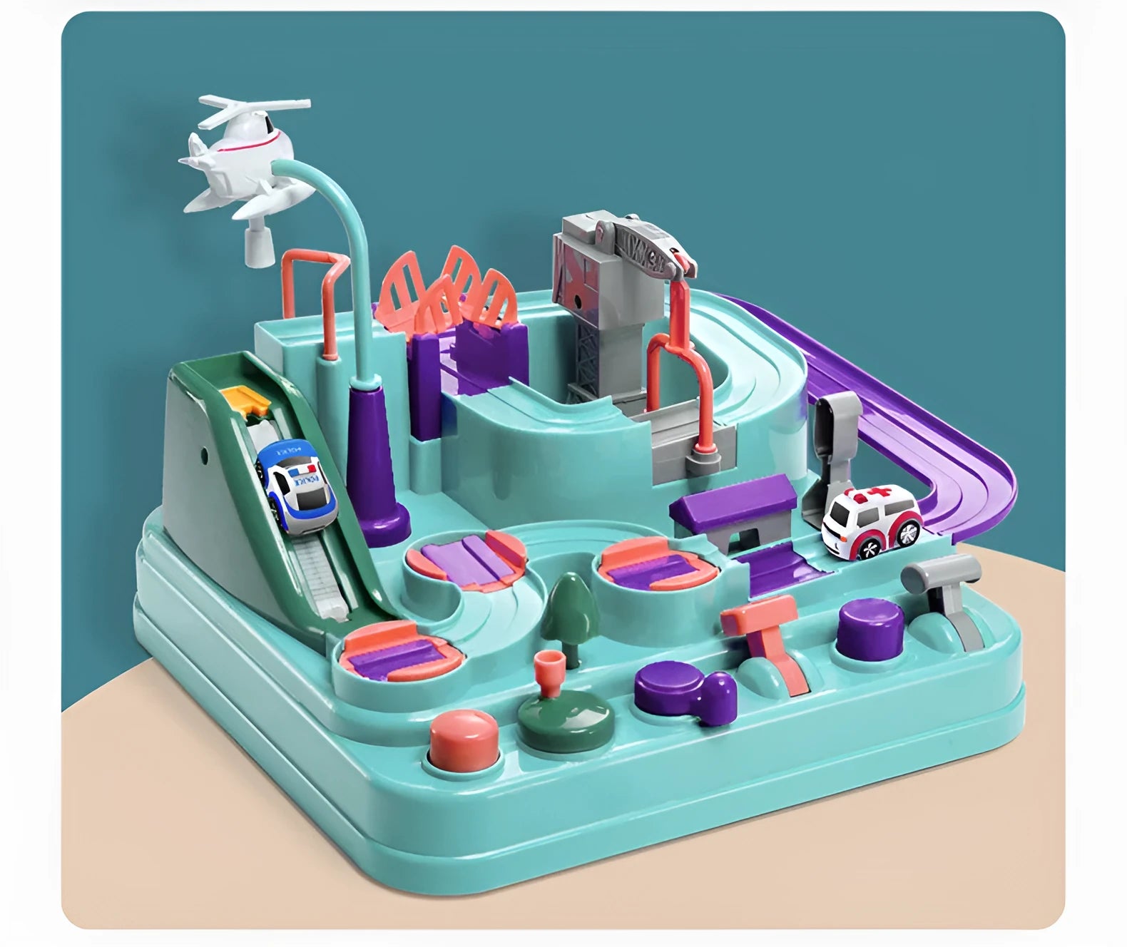 Children's car parking lot toy with crane, conveyor belt, and multiple vehicles including police car and ambulance