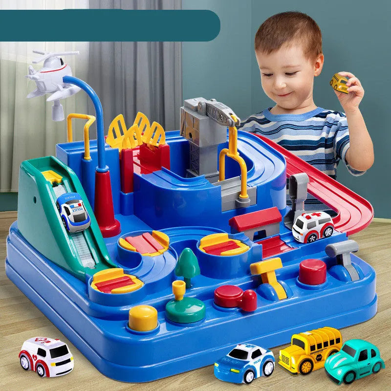 Children's car parking lot toy with crane, conveyor belt, and multiple vehicles including police car and ambulance