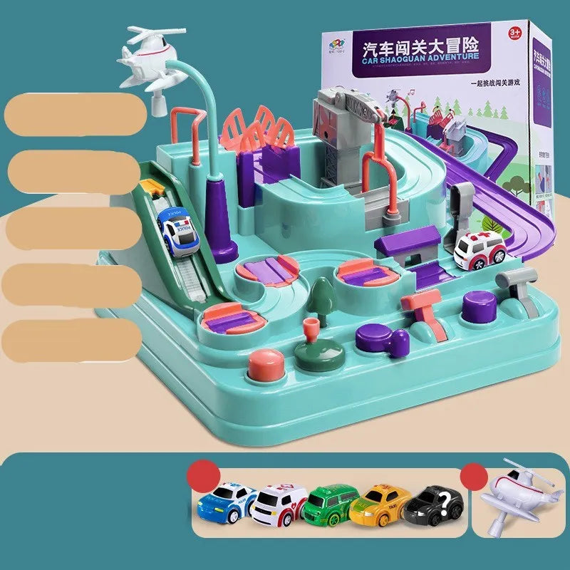Children's car parking lot toy with crane, conveyor belt, and multiple vehicles including police car and ambulance