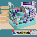 Children's car parking lot toy with crane, conveyor belt, and multiple vehicles including police car and ambulance