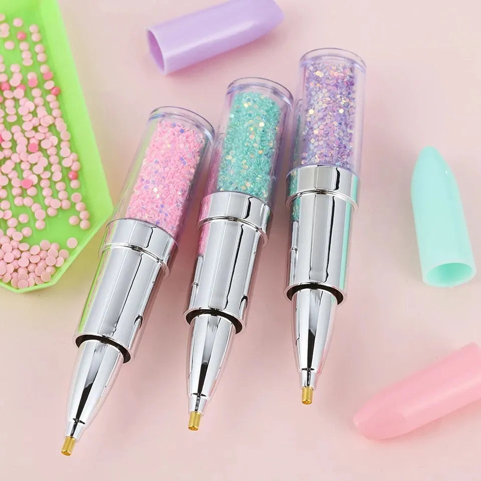 Diamond painting tool drill pen set for 5D diamond embroidery in green, pink, or purple colours