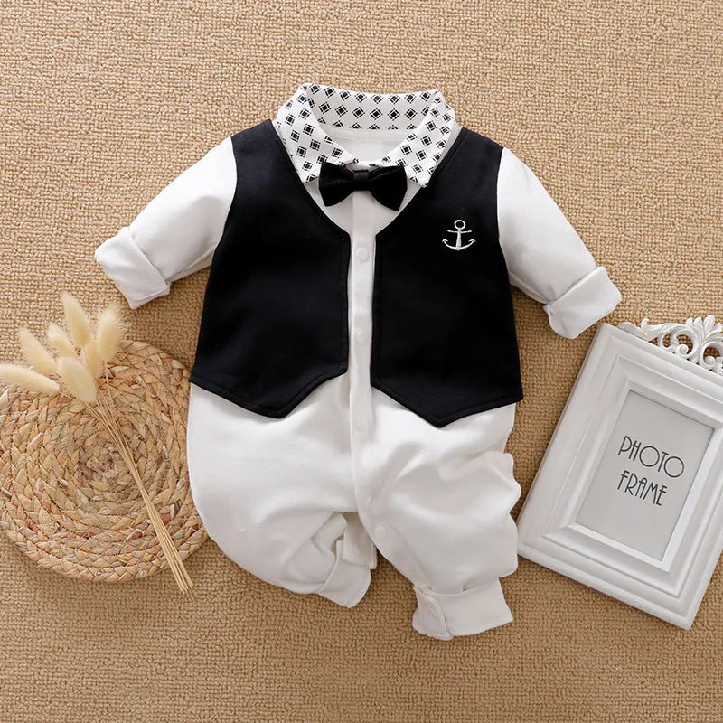 100% cotton baby jumpsuit romper with long sleeves in gentleman style for spring and autumn infant wear