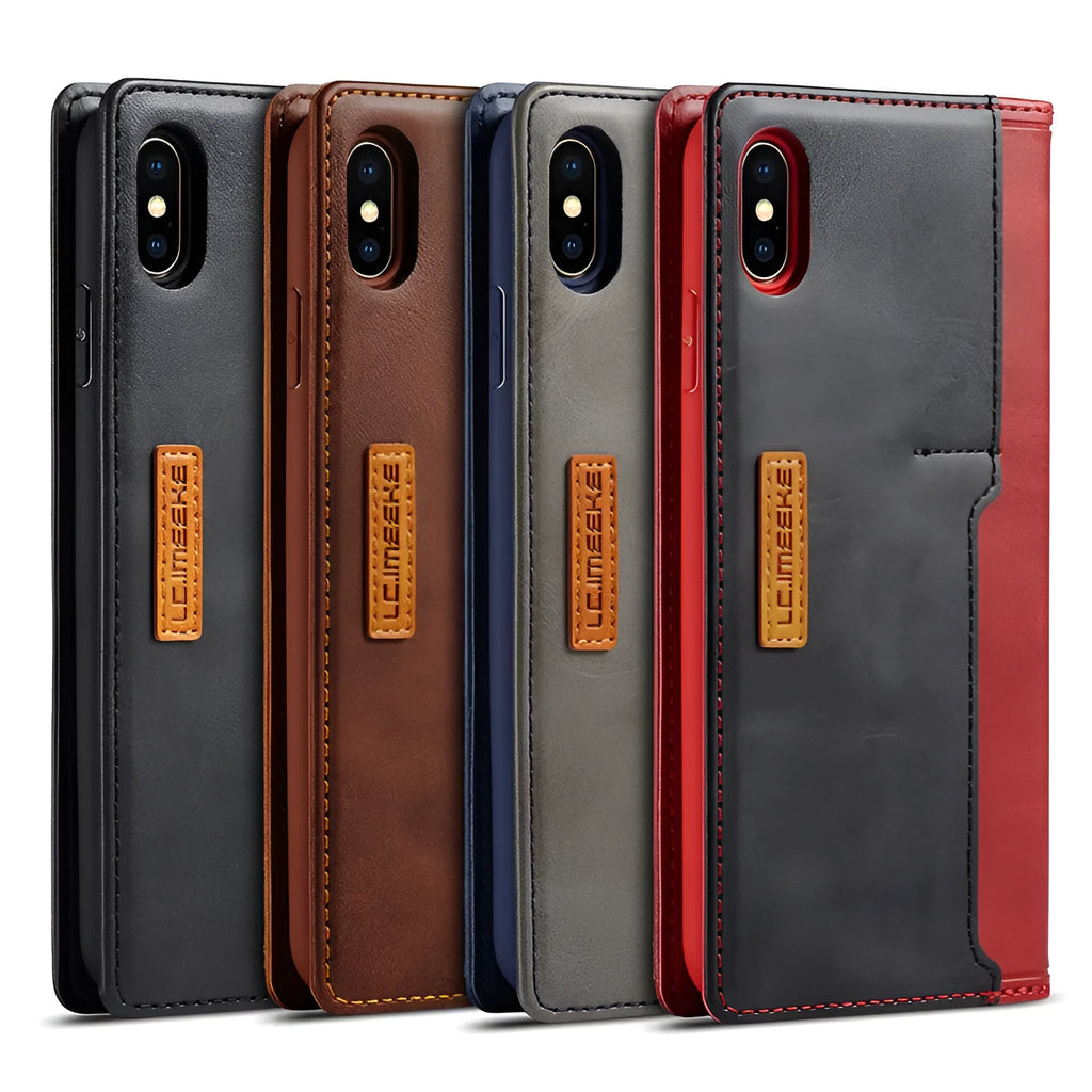 Retro flip wallet phone case for iPhone in black, showing card slots and leather detail.