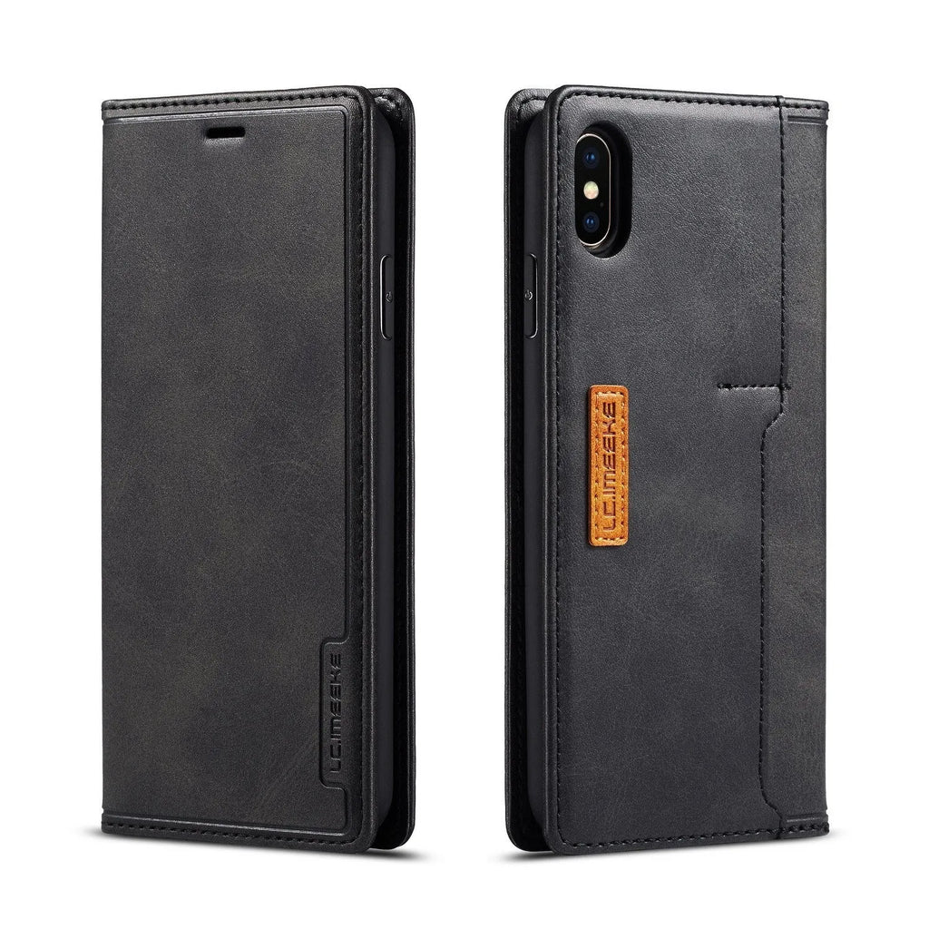 Retro flip wallet phone case for iPhone in black, showing card slots and leather detail.