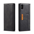 Retro flip wallet phone case for iPhone in black, showing card slots and leather detail.