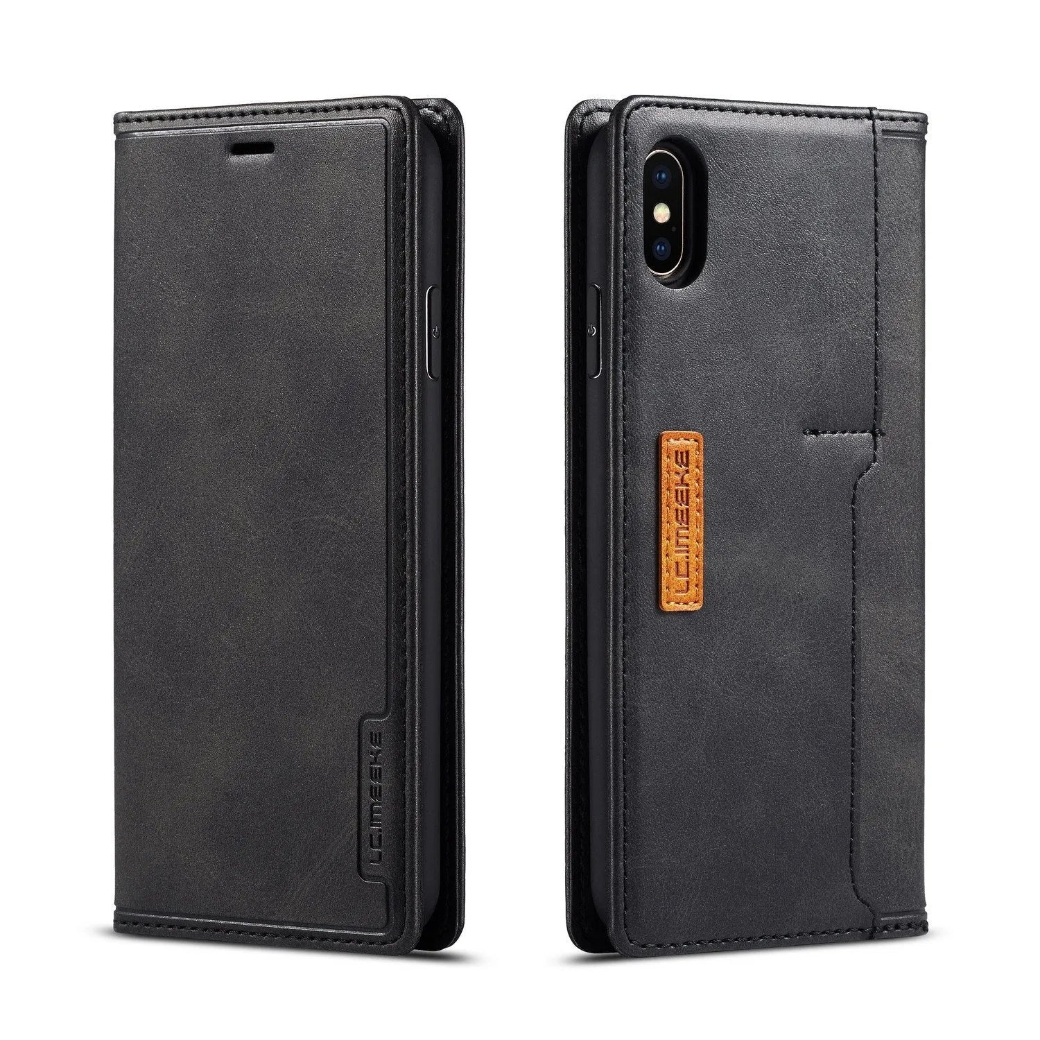 Retro flip wallet phone case for iPhone in black, showing card slots and leather detail.
