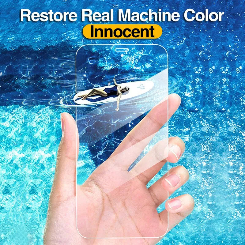 Four transparent full cover tempered glass screen protectors for Apple iPhone models.