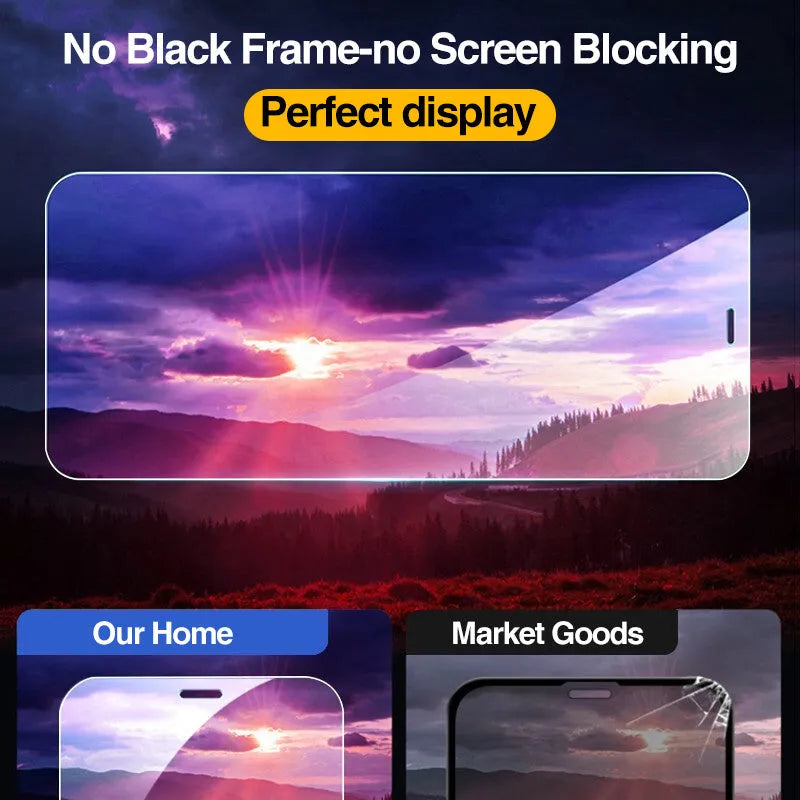 Four transparent full cover tempered glass screen protectors for Apple iPhone models.