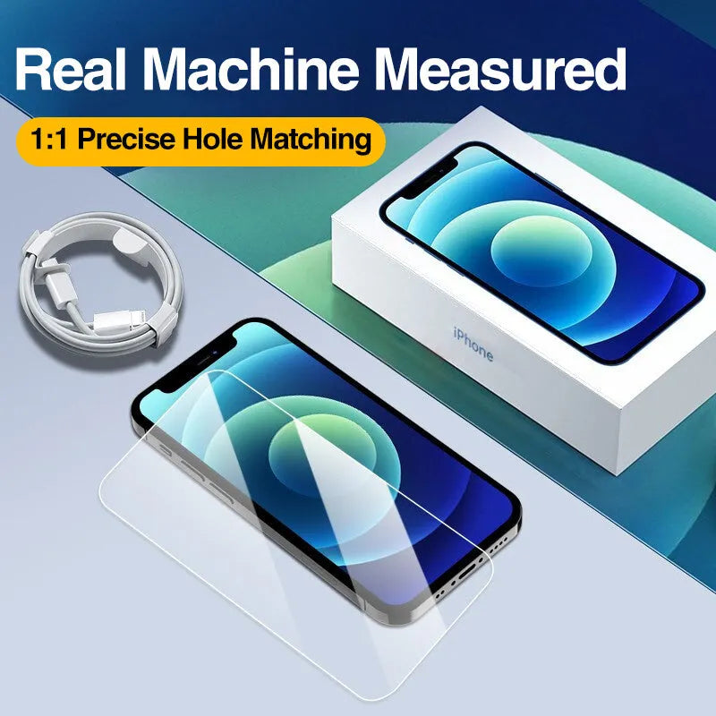 Four transparent full cover tempered glass screen protectors for Apple iPhone models.