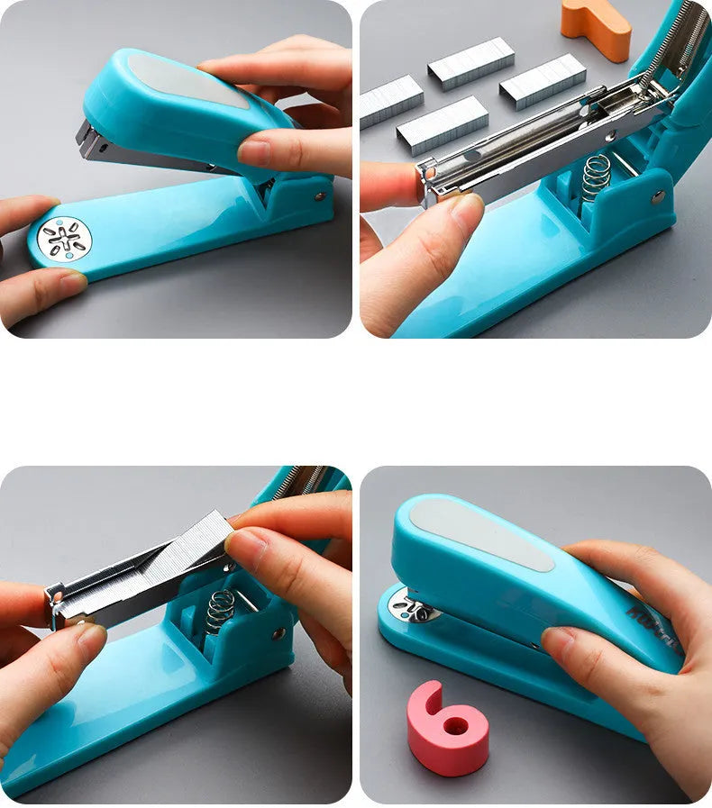 360-degree rotatable desk stapler in multiple colours showing metal nail outlet and centre binding function.
