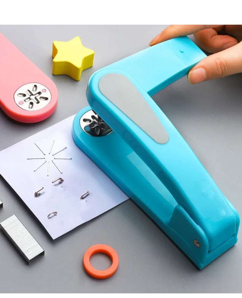360-degree rotatable desk stapler in multiple colours showing metal nail outlet and centre binding function.