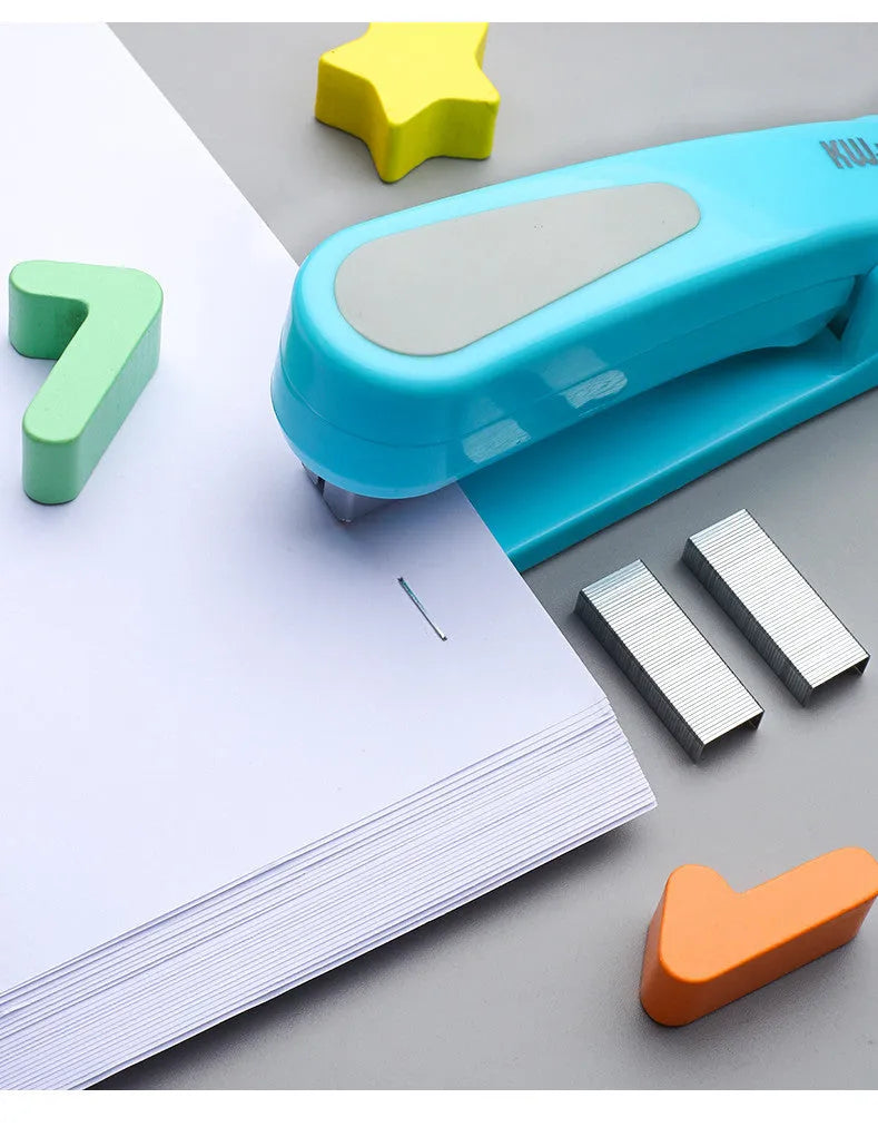 360-degree rotatable desk stapler in multiple colours showing metal nail outlet and centre binding function.