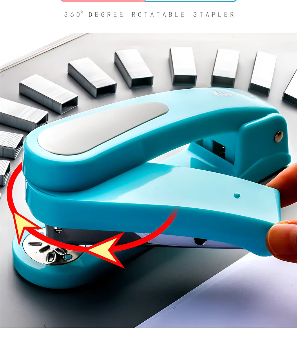 360-degree rotatable desk stapler in multiple colours showing metal nail outlet and centre binding function.