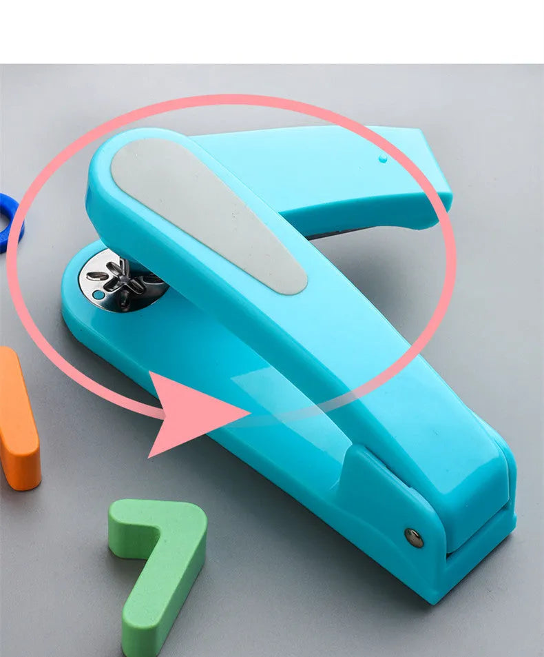 360-degree rotatable desk stapler in multiple colours showing metal nail outlet and centre binding function.