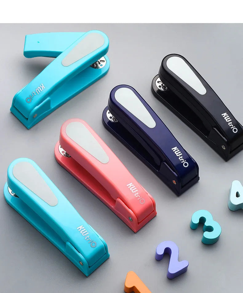 360-degree rotatable desk stapler in multiple colours showing metal nail outlet and centre binding function.