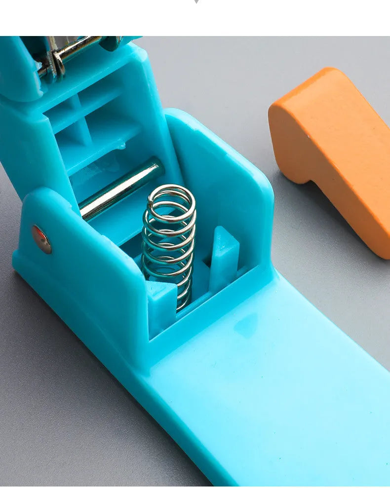 360-degree rotatable desk stapler in multiple colours showing metal nail outlet and centre binding function.