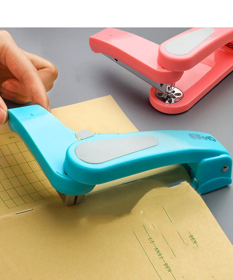 360-degree rotatable desk stapler in multiple colours showing metal nail outlet and centre binding function.