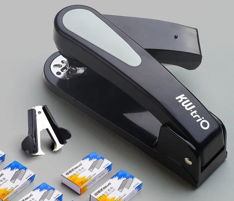 360-degree rotatable desk stapler in multiple colours showing metal nail outlet and centre binding function.