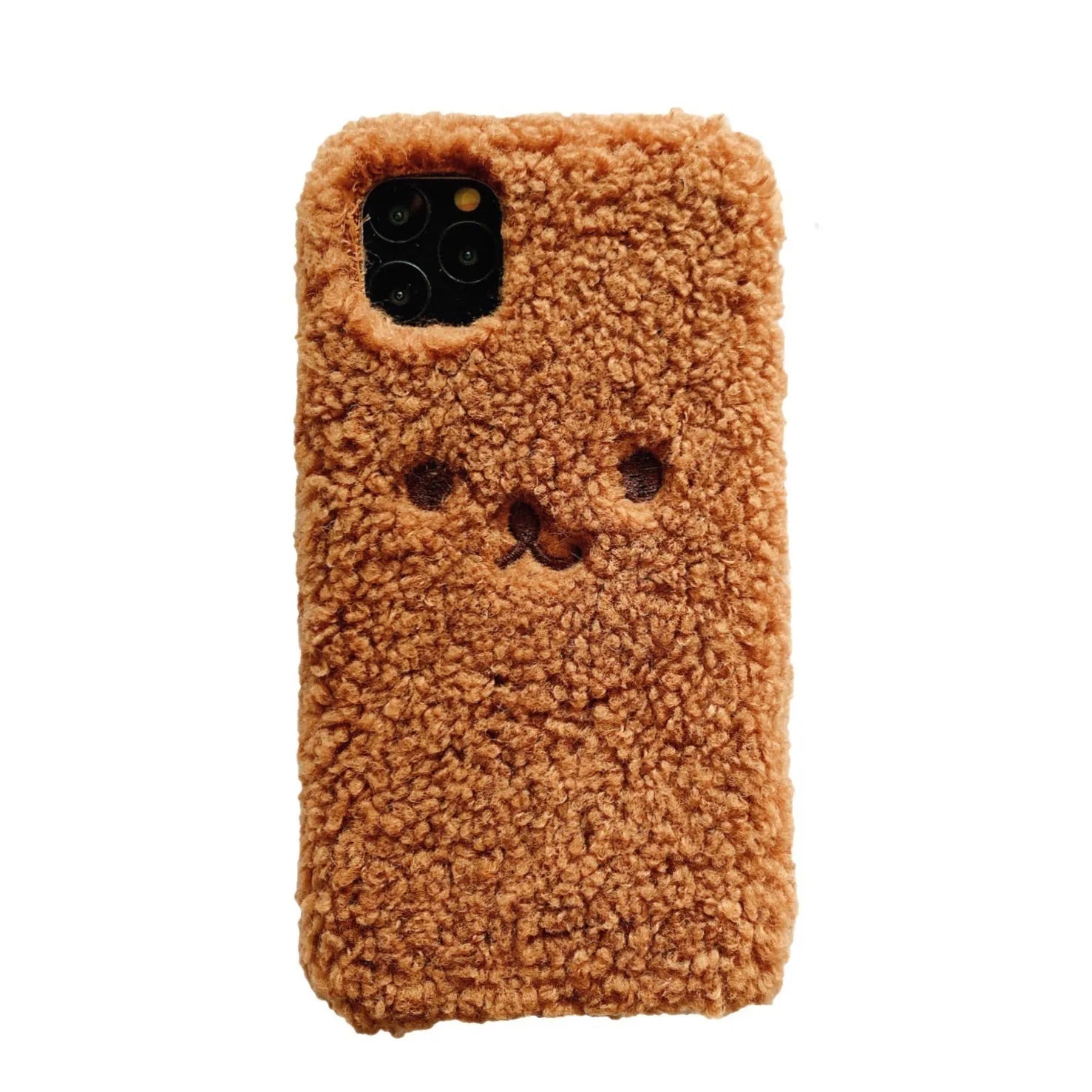 Brown soft TPU iPhone case featuring a raised plush bear face with embroidered details.