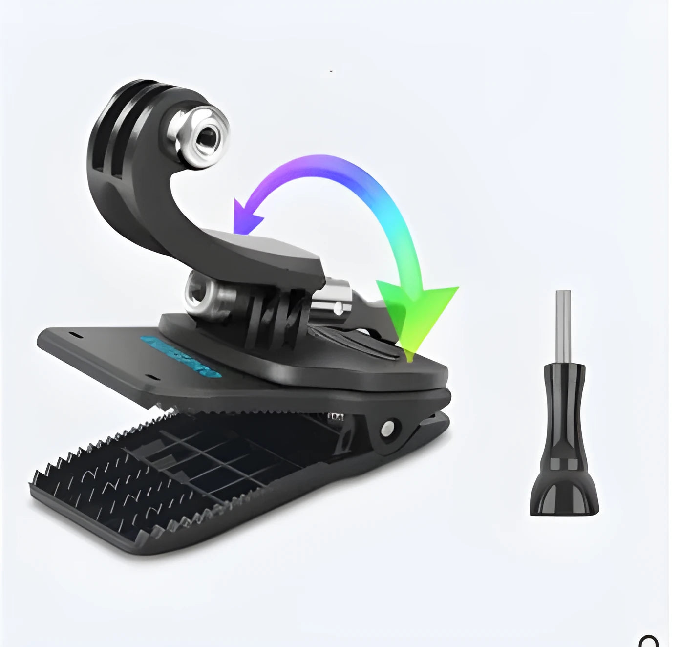 360-degree rotating aluminium and plastic backpack clip mount for GoPro and action cameras.