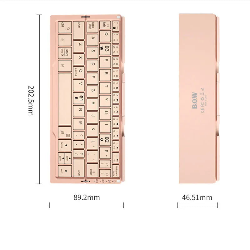 Aluminium foldable Bluetooth keyboard open with phone propped on stand and closed for pocket storage