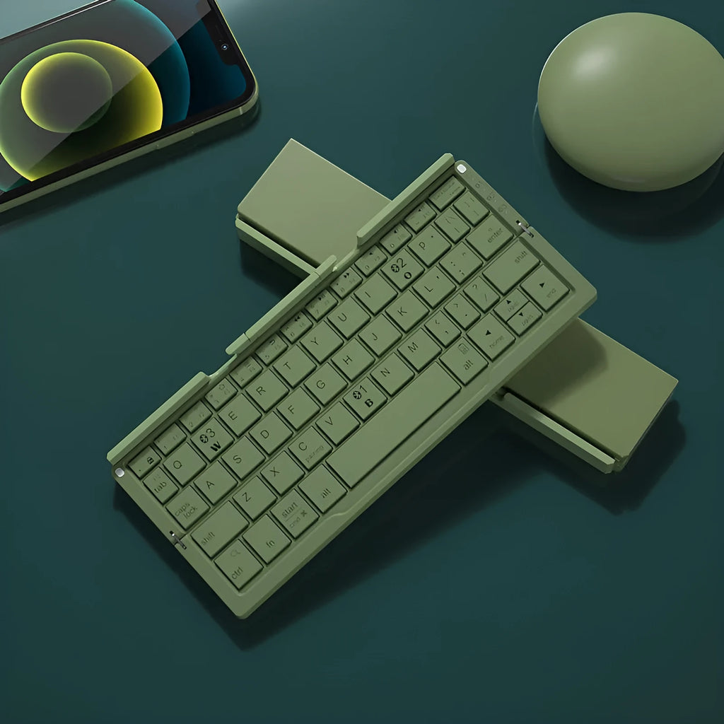 Aluminium foldable Bluetooth keyboard open with phone propped on stand and closed for pocket storage