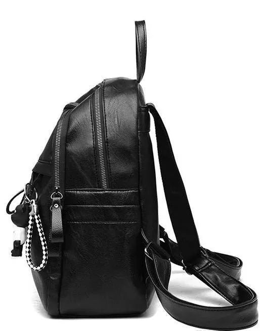 Black Pu leather backpack with soft surface, dual straps, and a large main compartment.