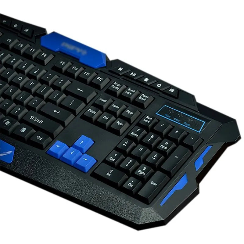 Black and blue wireless keyboard and mouse set with ergonomic design on desktop