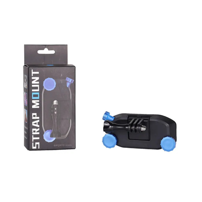 Red and blue plastic quick-hanging backpack clip for sports cameras.