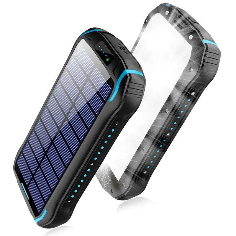 Xionel XN-i26S orange solar power bank with LED light showing size and solar panel