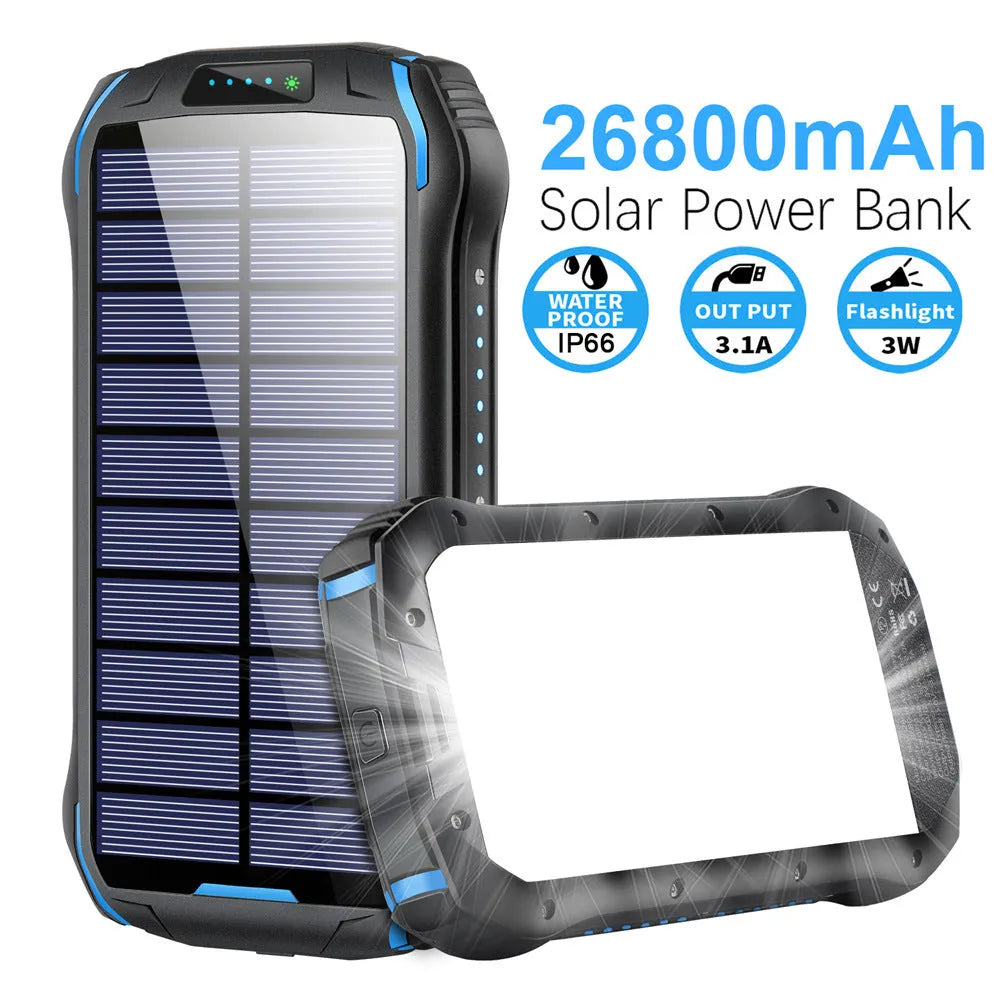 Xionel XN-i26S orange solar power bank with LED light showing size and solar panel