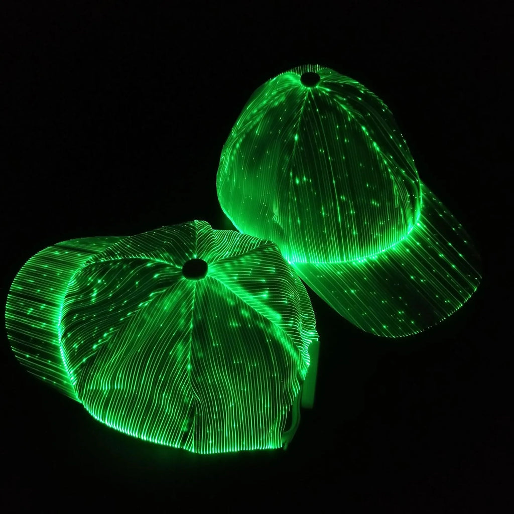 White unisex luminous baseball cap with fiber optic fabric LED glow against dark background