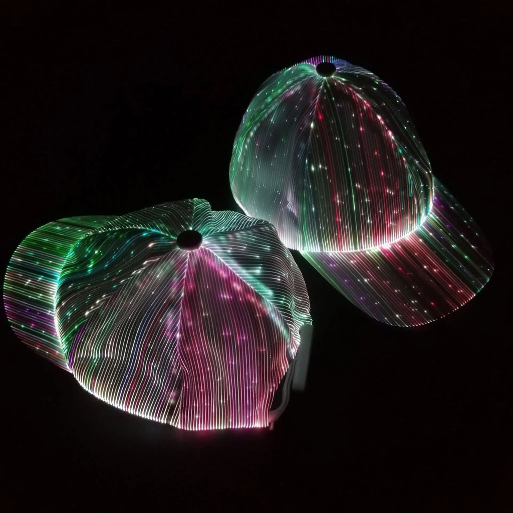 White unisex luminous baseball cap with fiber optic fabric LED glow against dark background