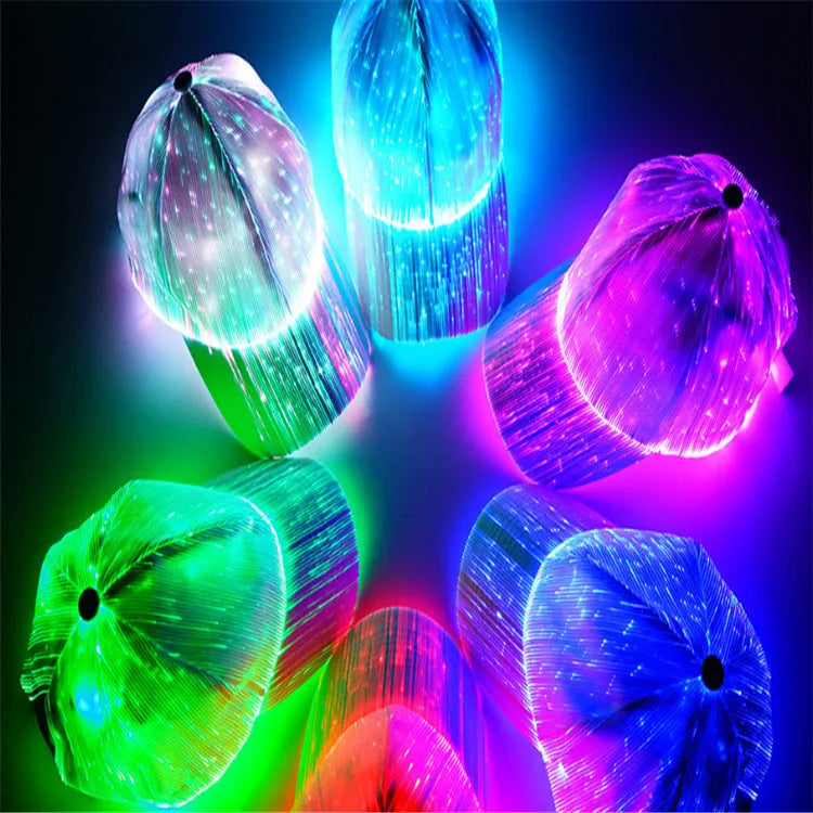 White unisex luminous baseball cap with fiber optic fabric LED glow against dark background