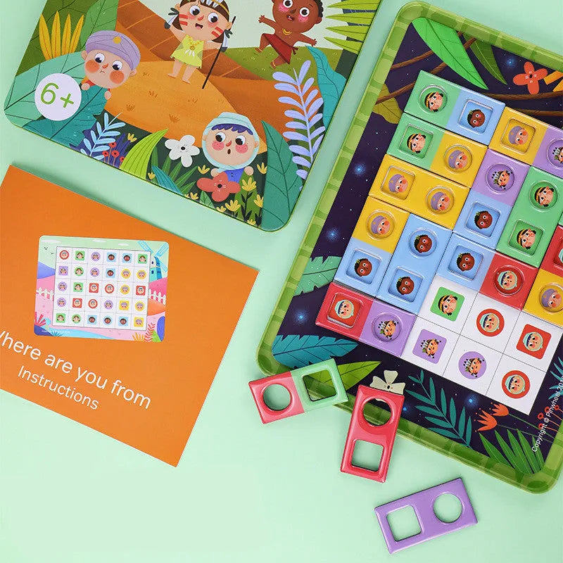 Magnetic Glue Butt Bump logic game with silicone pieces and colour-coded puzzle cards for children
