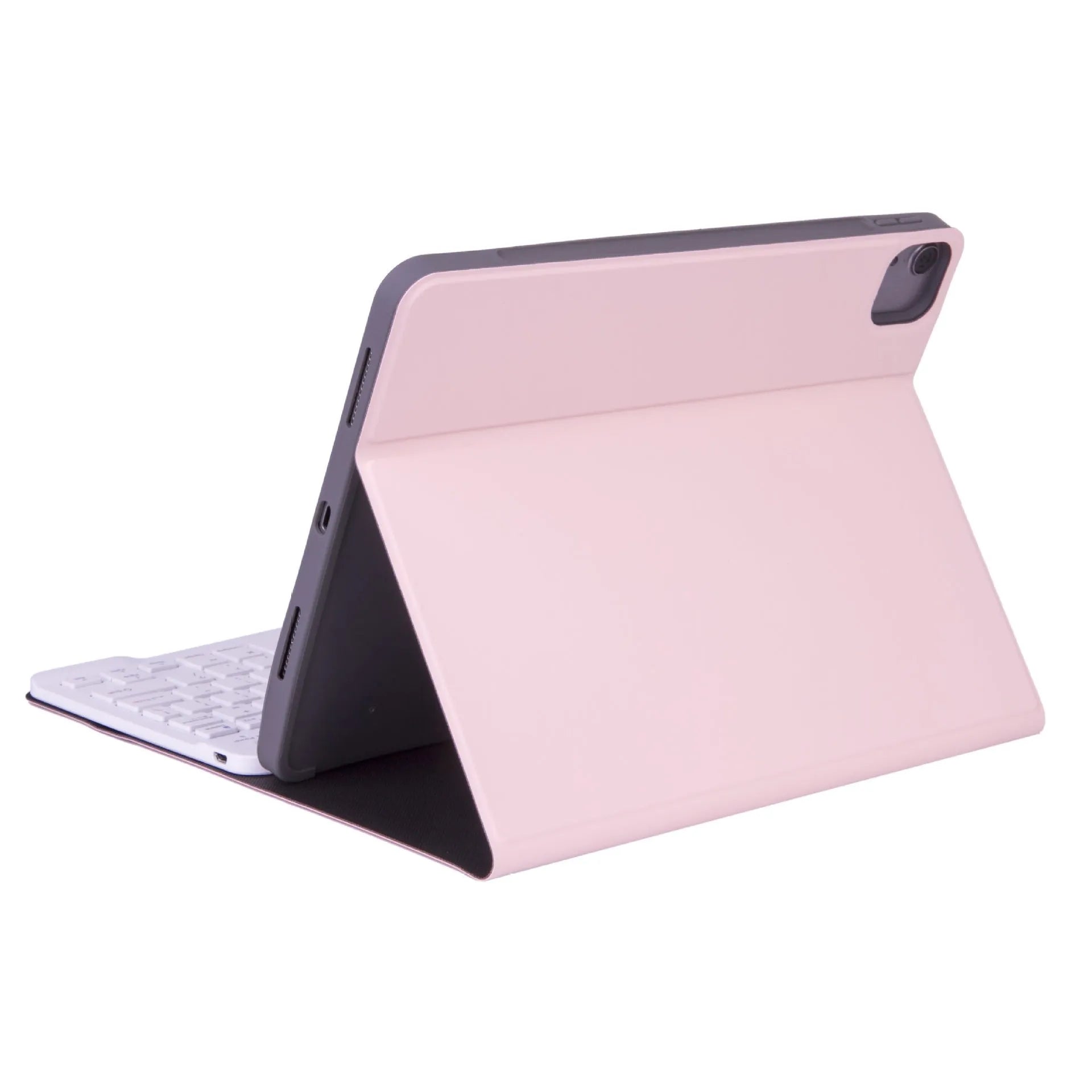 External Bluetooth keyboard stored inside its split leather protective case, with charging cable.