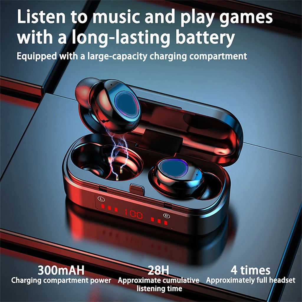 V7 LED button version wireless Bluetooth headset with charging box and three ear cap sizes